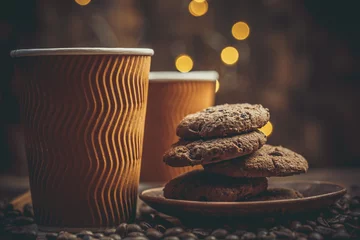 Gordijnen Paper cup with coffee and chocolate cookies on a beautiful background, holiday treats © Anton