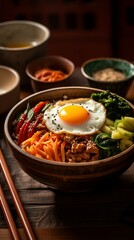 Beautiful vertical 9:16 portrait photograph of rice bowl with vegetables, meat, fried egg, greens and chicken, beef or pork, balanced asian food with chopsticks, tasty healthy colorful bibimbap dish