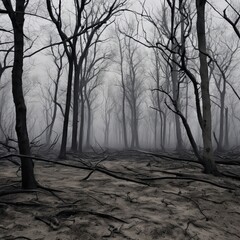 A once lush forest now turned into a barren wasteland, with dead trees and cracked ground.