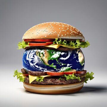 An image of Earth encased in a giant hamburger bun, with the planet's surface resembling a patty.