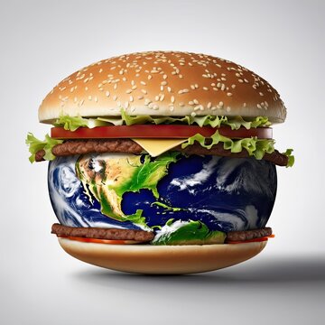 An image of Earth encased in a giant hamburger bun, with the planet's surface resembling a patty.