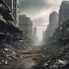 An aerial image of a city where the streets and rivers are clogged with waste, highlighting the overwhelming problem of urban pollution and littering.