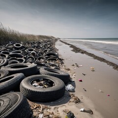 A depiction of a once-beautiful natural landscape now marred by heaps of trash.