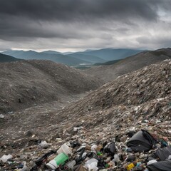 A close-up, detailed view of a landfill, with mountains of garbage extending as far as the eye can see.