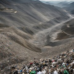 A close-up, detailed view of a landfill, with mountains of garbage extending as far as the eye can see.