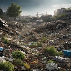 A close-up, detailed view of a landfill, with mountains of garbage extending as far as the eye can see.