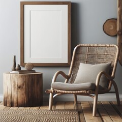 Lounge chair and a side table made of wood stumps with an empty mock-up frame; rustic minimalist interior design