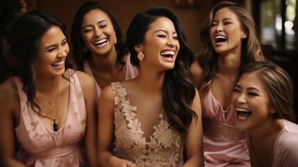 Obraz premium Bride getting ready with her bridesmaids, sharing joyful moments