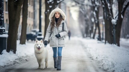 Photo of a woman and a white Samoyed dog walking in a park on a city street in wintertime