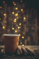 Tuinposter Paper cup with coffee and chocolate cookies on a beautiful background, holiday treats © Anton