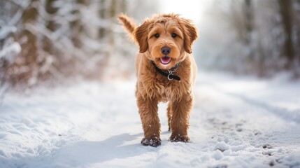 A photo of a cute little red dog on a walk in the park in winter