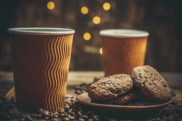 Zelfklevend Fotobehang Paper cup with coffee and chocolate cookies on a beautiful background, holiday treats © Anton