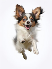 Fototapeta premium Papillon puppy with happy funny face jumping pose isolated on white background
