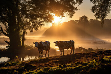 Fototapeta na wymiar Beautiful view of a cows on grass with a misty morning sunrise