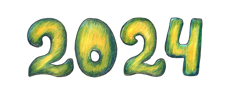 The year 2024 drawn with colored pencils, a cute green dragon and beautiful numbers