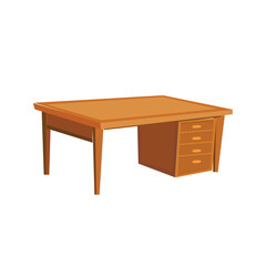 Empty wooden desks for work in office or home cabinet isolated on white background. Vector cartoon set of wood brown tables with drawers and shelves. 