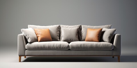 Front view of a modern, isolated gray sofa with armrests, upholstery seat, throw pillows, and contemporary style.