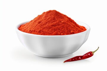 Ground red pepper in white bowl isolated on white. Front view, Generative AI 