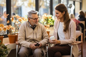 Dialogue between a young volunteer and an elderly man. Concept: psychological support and communication
