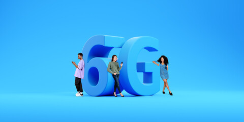 Young people using smartphone, 6G big icon on blue background