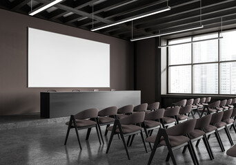 Dark auditorium interior with chairs and panoramic window, mock up banner