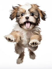 Shih Tzu puppy with happy face jumping pose isolated on white background created with Generative AI Technology   