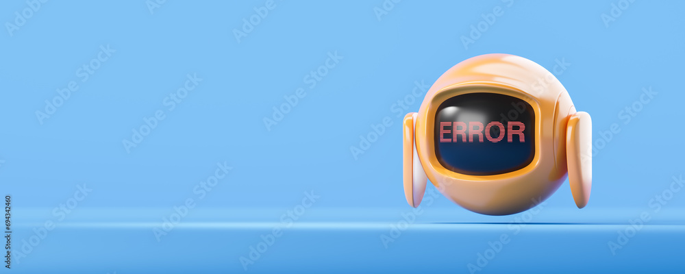 Poster cartoon robot with error on a display, empty copy space background
