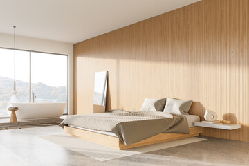 Luxury flat studio interior with bathing and sleeping corner, panoramic window