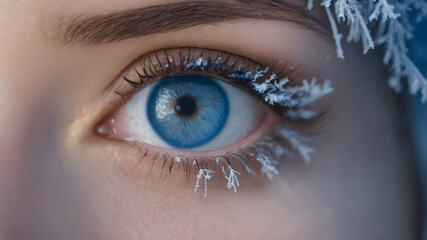 Fototapeta premium Beautiful open eye blue with frost or snow in the winter on the eyelashes