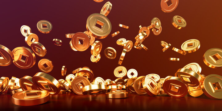 Golden rain of chinese traditional gold coins with square hole so called qian. Good luck coins flying and falling. Luxury design element. Dark red background. 3d render illustration