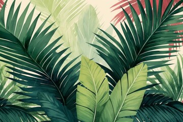 Tropical plants and palm trees, for retro texture background photo wallpaper. Green theme. Wallpaper pattern painted in watercolor. Generative AI  - obrazy, fototapety, plakaty