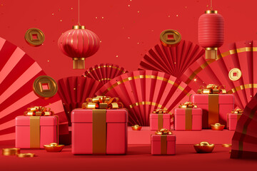 Red gift boxes with golden ribbons on floor surrounded by Chinese fans, lanterns and qians. Concept of Chinese New Year celebration. 3d render, illustration
