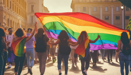 Gay Summer Parade Outdoor With Rainbow Flags , LGBQ concept - obrazy, fototapety, plakaty