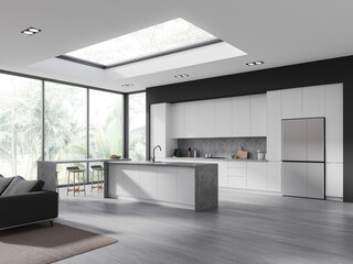 Modern studio interior with chill and cooking space, panoramic window