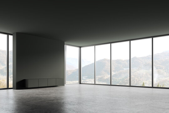 Green empty hall in modern apartment, panoramic window on countryside