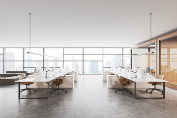 White office interior with chill and coworking space, glass office and window