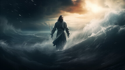 Jesus Walking on Water Amidst the Storm - Spiritual Christian Art for Faithful Reflection Christmas Xmas