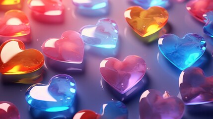 pastel rainbow colors glass hearts valentines day background 3d render website banner	