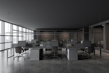 Grey office interior with coworking and glass meeting rooms, panoramic window