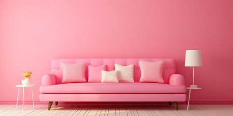 Fototapeta na wymiar Pink room with sofa and center stand idea.