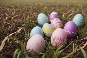 Fototapeta na wymiar Close-up of Easter eggs hiding in the spring flower field. Easter egg hunt concept, Easter Day 2024.