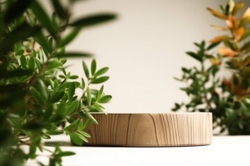 Wooden product display podium with blurred nature leaves on brown background. 3D rendering. generative ai.
