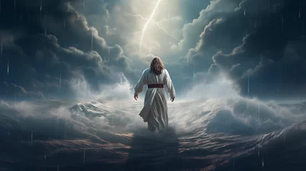 Foto op Canvas Jesus Walking on Water Amidst the Storm - Spiritual Christian Art for Faithful Reflection Christmas Xmas © Chamil