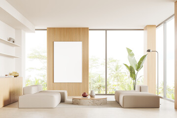 Cozy hotel living room interior couch and coffee table near window, mockup frame