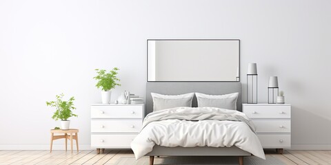 Contemporary bedroom with mirrored dresser isolated on white background.