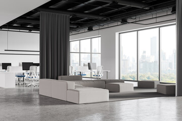Fototapeta premium White office interior with relaxing and coworking corner, panoramic window