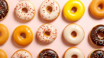 Donuts pattern. Different types of donuts on bright background. Chocolate, glaze and caramel donuts - obrazy, fototapety, plakaty