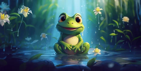 Afwasbaar fotobehang frog in the pond, a cute and content frog © Yasir