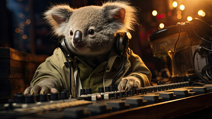 A koala using headphones as a rap music producer and DJ mixer created with Generative AI Technology - obrazy, fototapety, plakaty