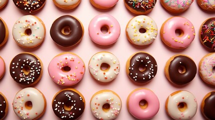 Obraz premium Donuts pattern. Different types of donuts on bright background. Chocolate, glaze and caramel donuts